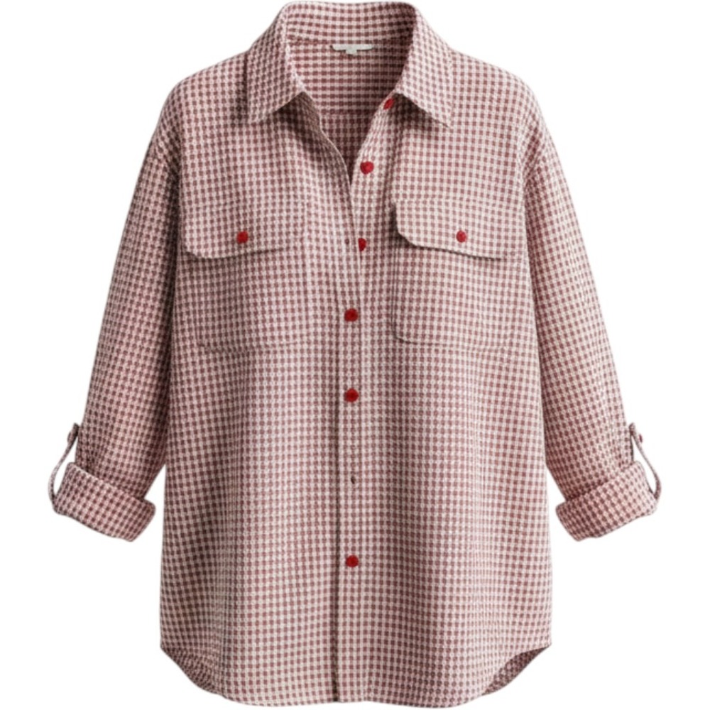 Joanna Red White Gingham Button Down Shirt Roll Tab Long Sleeve Large